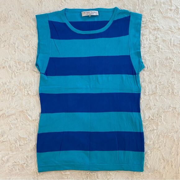 Trina Turk Tops - Trina Turk Women’s Top Small Petite Blue Striped Cotton Blend Short Sleeve